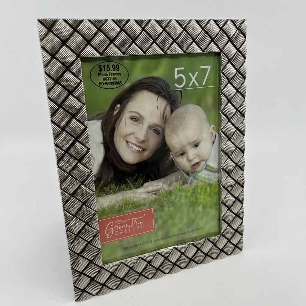 Pewter Heavy Picture Frame Criss Cross Pattern Fits 5x7